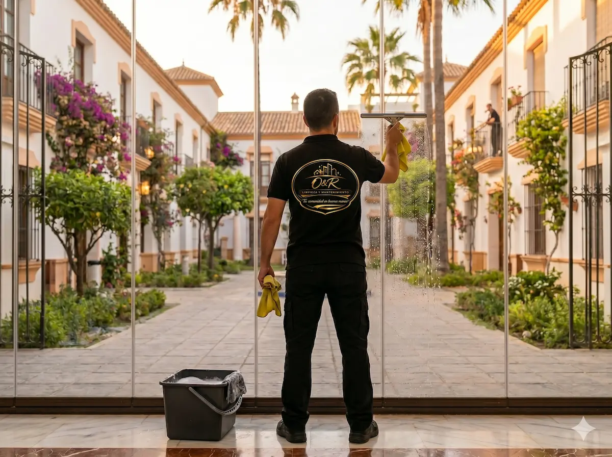 Técnico de OyR limpiando cristales de la entrada de una comunidad en la Costa del Sol